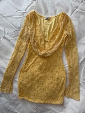 Oh Polly Pale Yellow Beaded Mini Dress